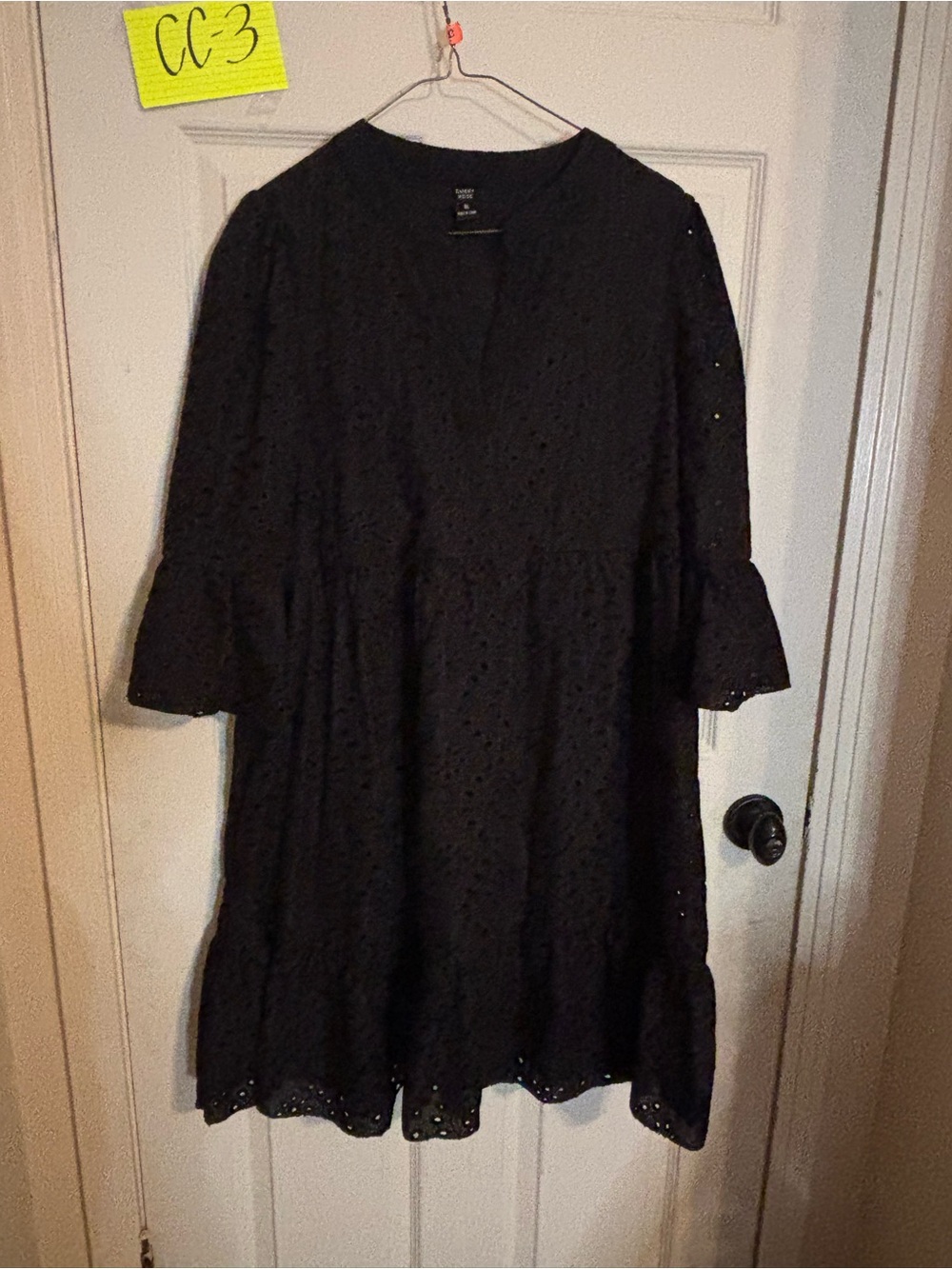 Black Eyelet Midi Dress with Tiered Skirt and Bell Sleeves